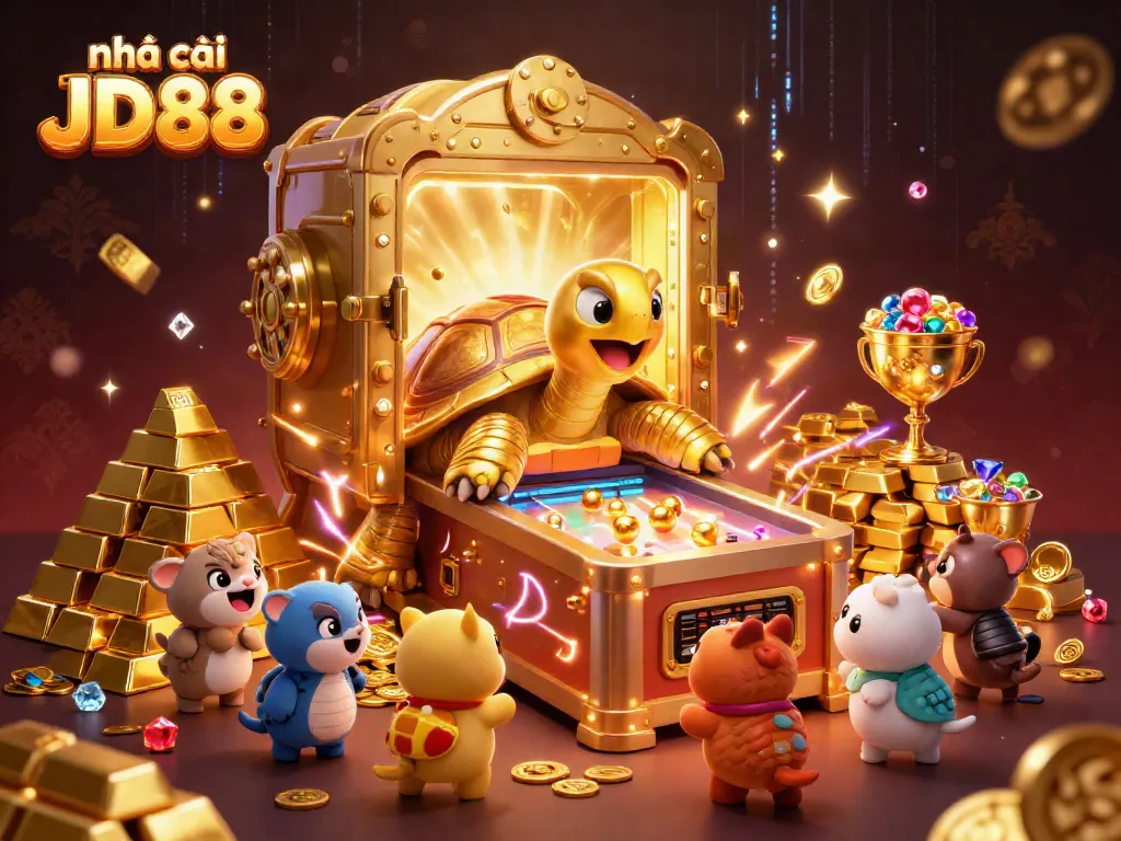 Experience the excitement at nhà cái JD88 with a golden tortoise pinball machine and vibrant casino elements.