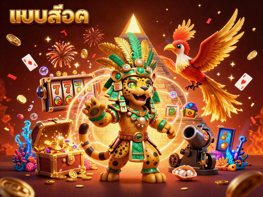 Experience the excitement of แบบสล็อต with a vibrant 3D scene featuring winning symbols, treasures, and lively characters.