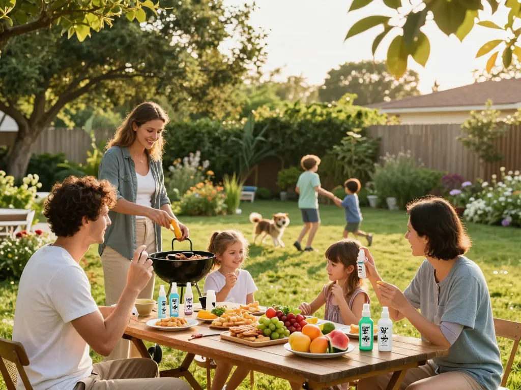 Family enjoying outdoor barbecue with Best Mosquito Repellent spray in sunlit garden.