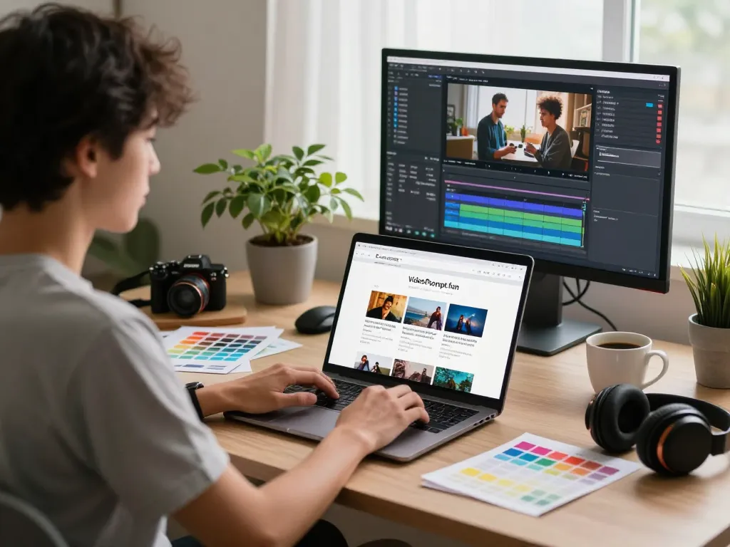 Creative workspace for video to prompt generation featuring a laptop with AI tool and editing software.