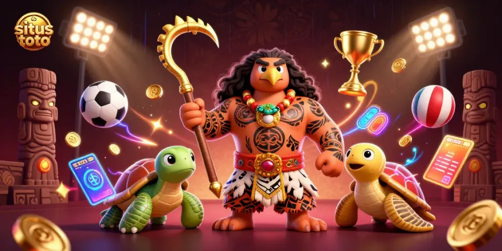 Experience thrilling action with situs toto showcased by a Polynesian demigod and sports elements in a vibrant online casino.