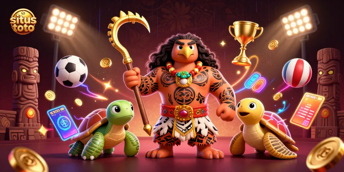 Experience thrilling action with situs toto showcased by a Polynesian demigod and sports elements in a vibrant online casino.
