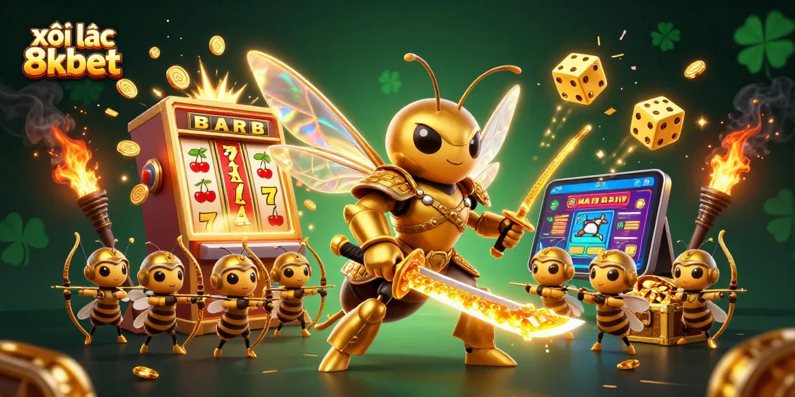 Experience excitement with xôi lạc 8xbet amid vibrant casino elements and a golden hornet warrior.
