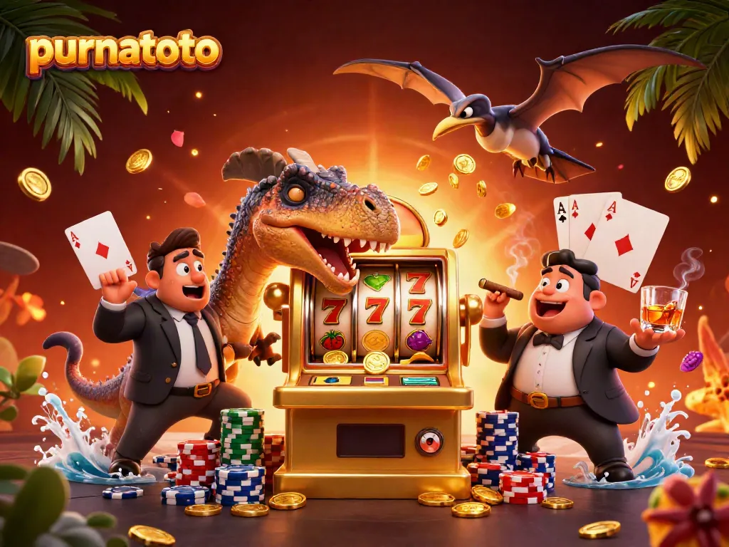 Permainan purnatoto menampilkan slot mesin emas dan karakter dinosaurus di kasino.