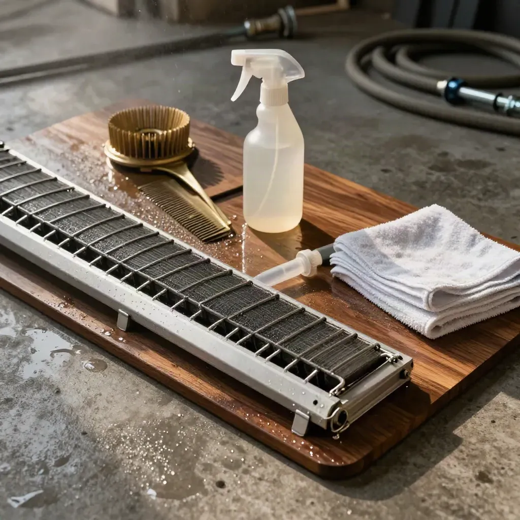 Overhead coil-cleaning tools beside a wet HVAC coil edge on a service pad.