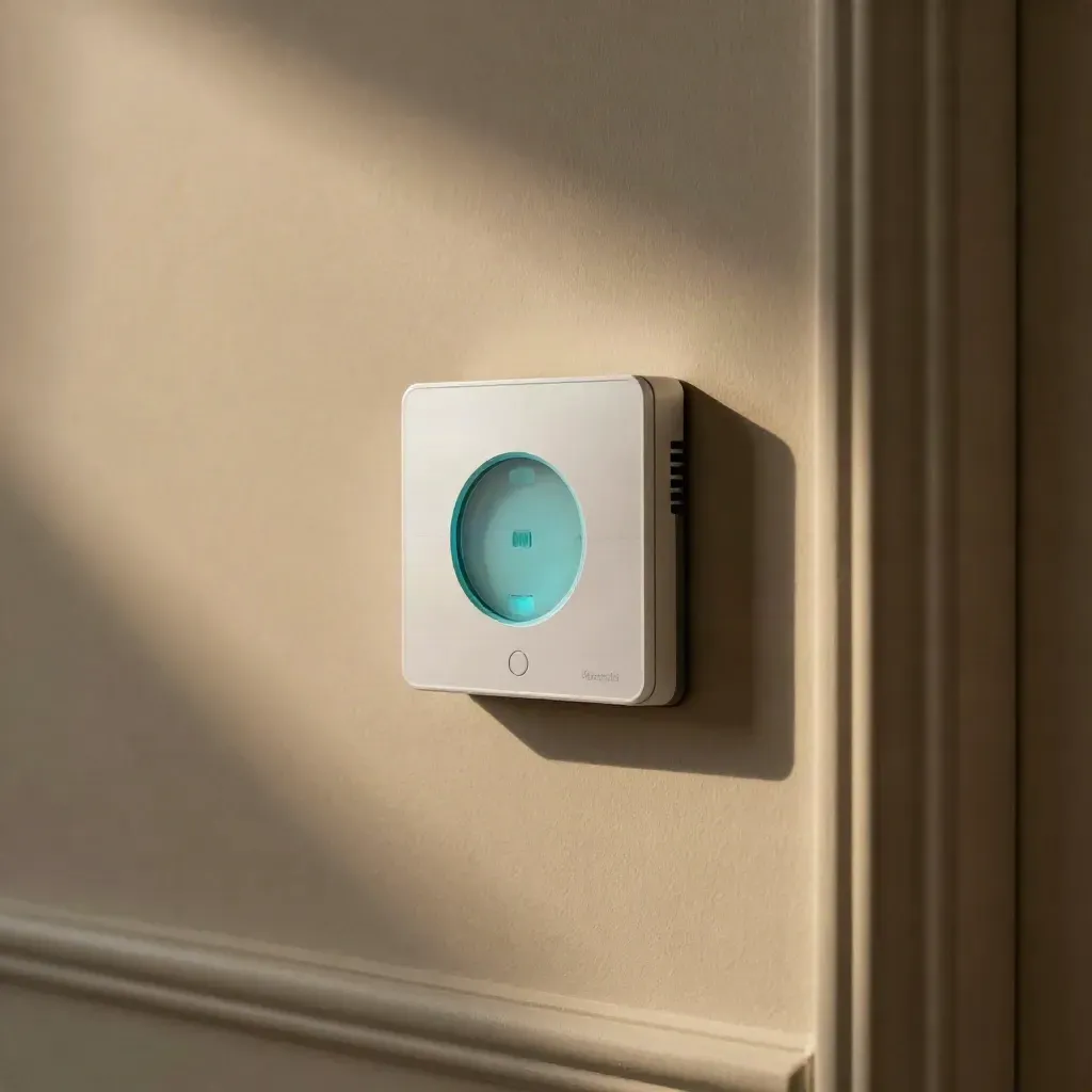 Smart thermostat upgrade glowing softly on a clean wall with flush trim and hidden wiring.