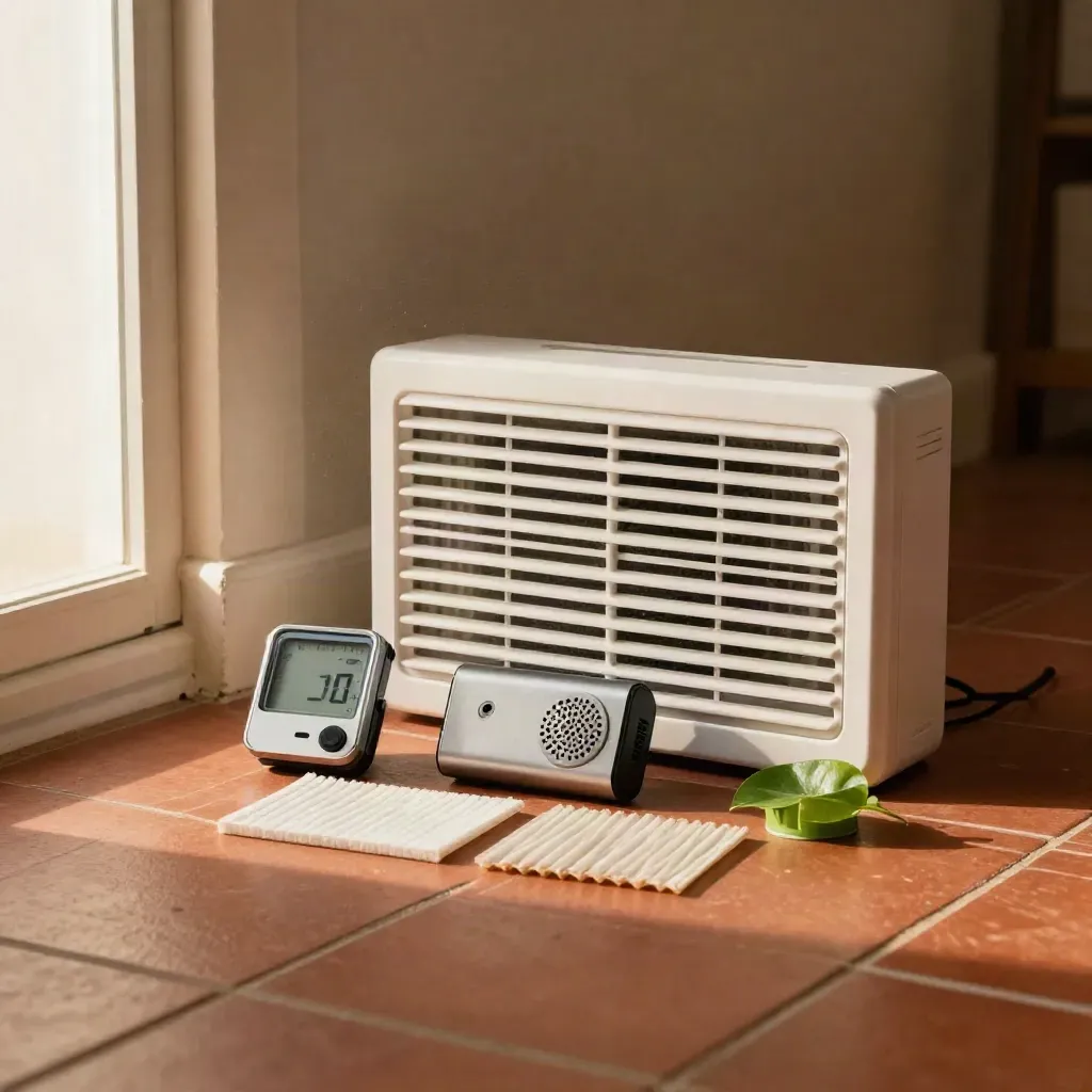 Air test kit beside a vent grille and baseboard, with a humidity meter and filter sample.