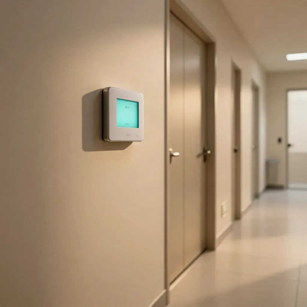 After-hours dental hallway with glowing thermostat and closed treatment-room doors.