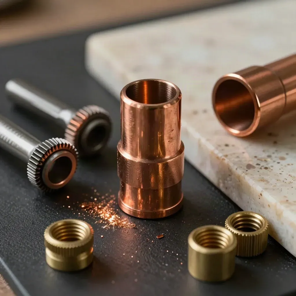 Copper flaring block, pipe cutter, deburring tool and brass fittings on a rubber mat.