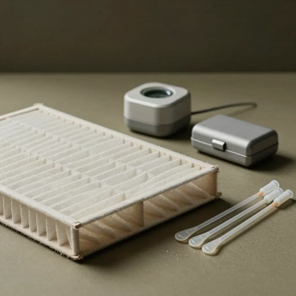 HEPA filter media, humidity sensor, sampler cassette and swab tubes on a khaki workbench.