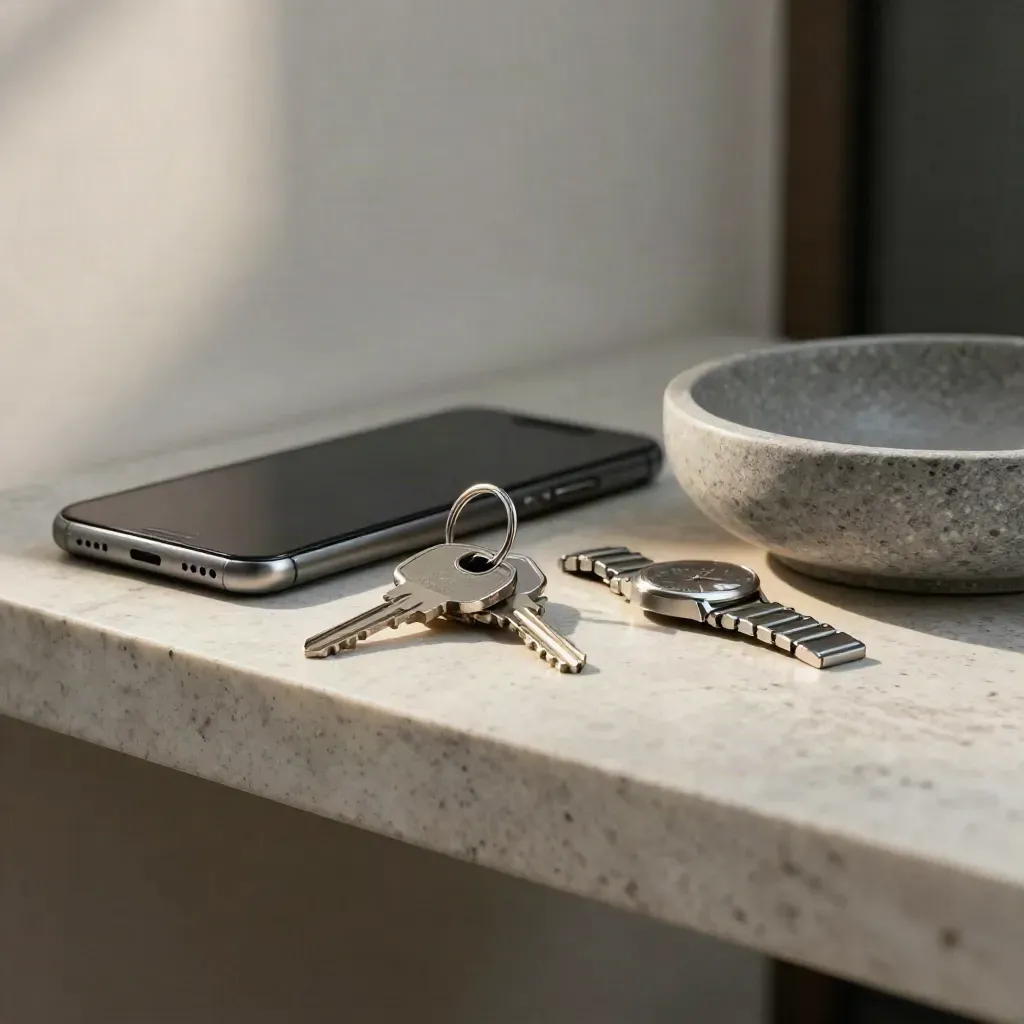 Face-down phone, keys, watch and bowl on a stone shelf in soft morning light.