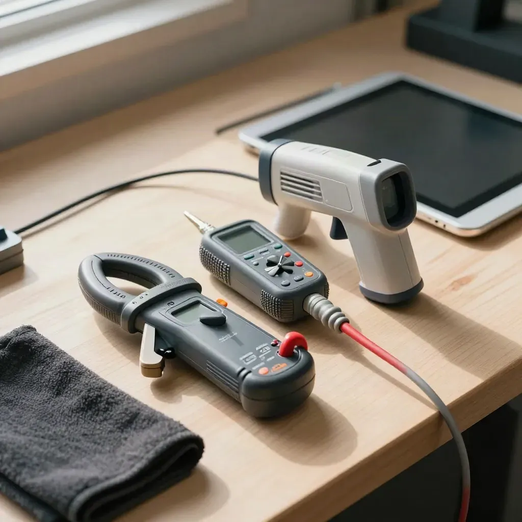 Clamp meter, anemometer, infrared thermometer and dark diagnostic tablet on a pale workbench.