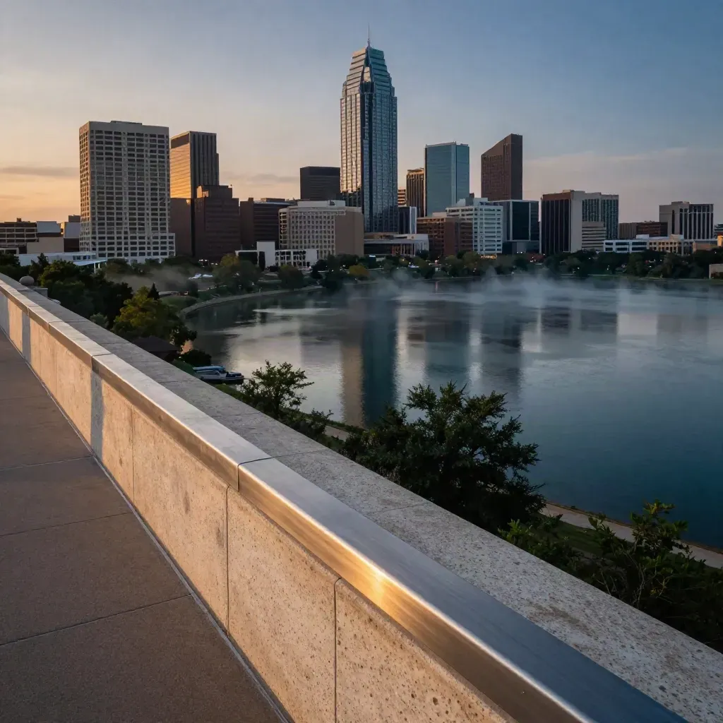 Hazy Austin skyline over Lady Bird Lake at blue hour from a travertine overlook