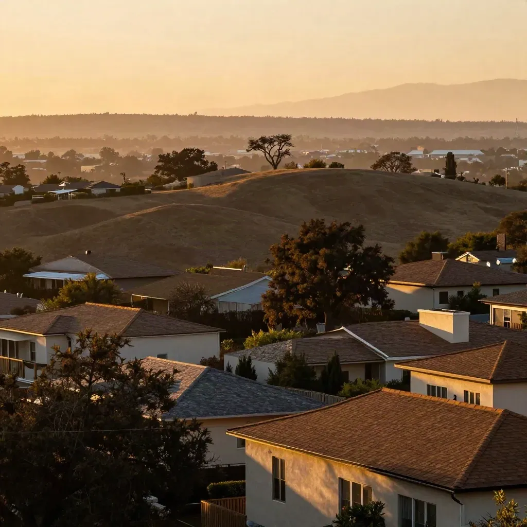 Golden-hour North Austin rooftops and oaks on a calm ridge with copy space below