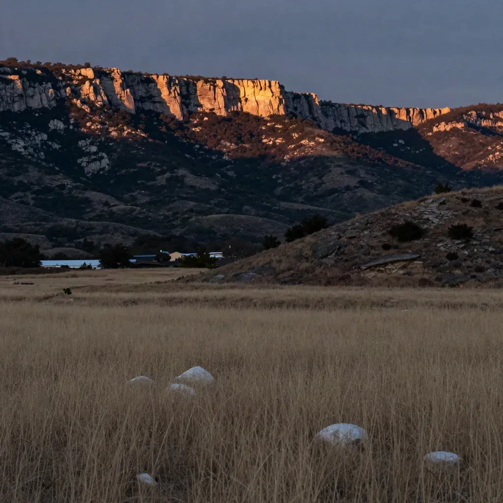 South Austin limestone ridge at dusk with cedar hills, low roofs, and hazy grassland