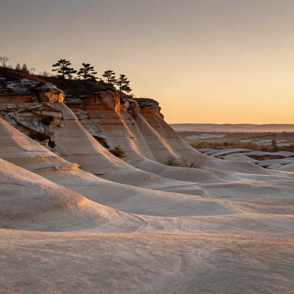 Limestone ridge with cedar silhouettes over a hazy Hill Country valley at dusk