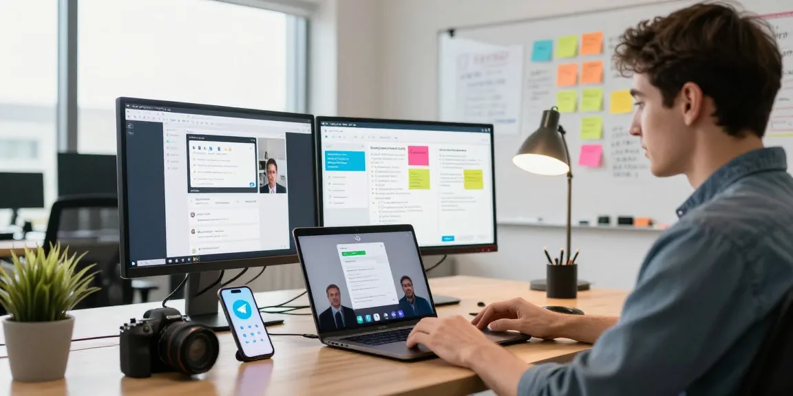 Engaged user on telegraimin.com video call in a modern workspace