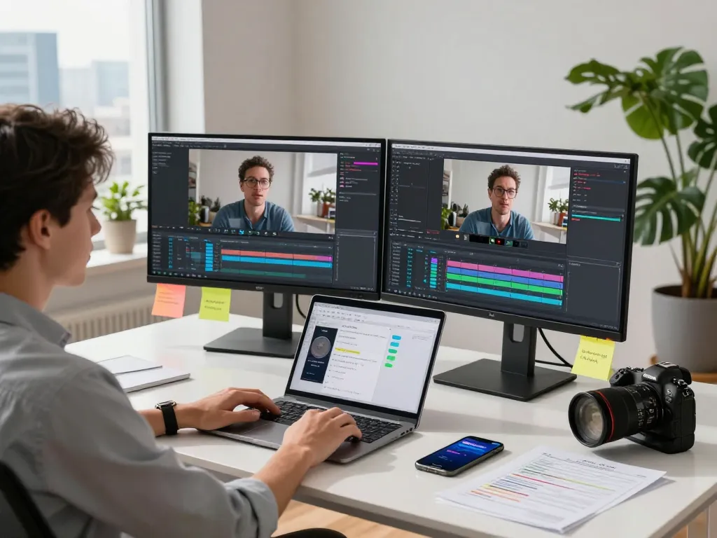 Professional workspace showcasing a user engaging with a video to promptgenerator, analyzing video content on dual screens.