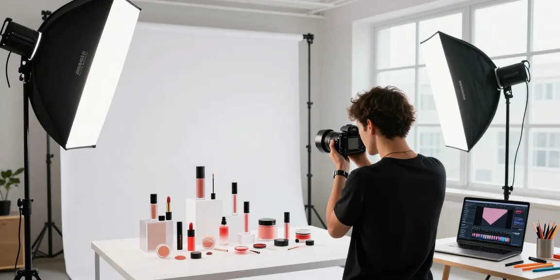 Photographe de Produits réalisant des photographies professionnelles de cosmétiques dans un studio lumineux à Milan.