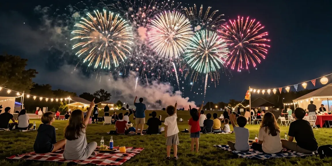 Families enjoying a fireworks display while searching for cheap fireworks near me during a festive outdoor gathering.