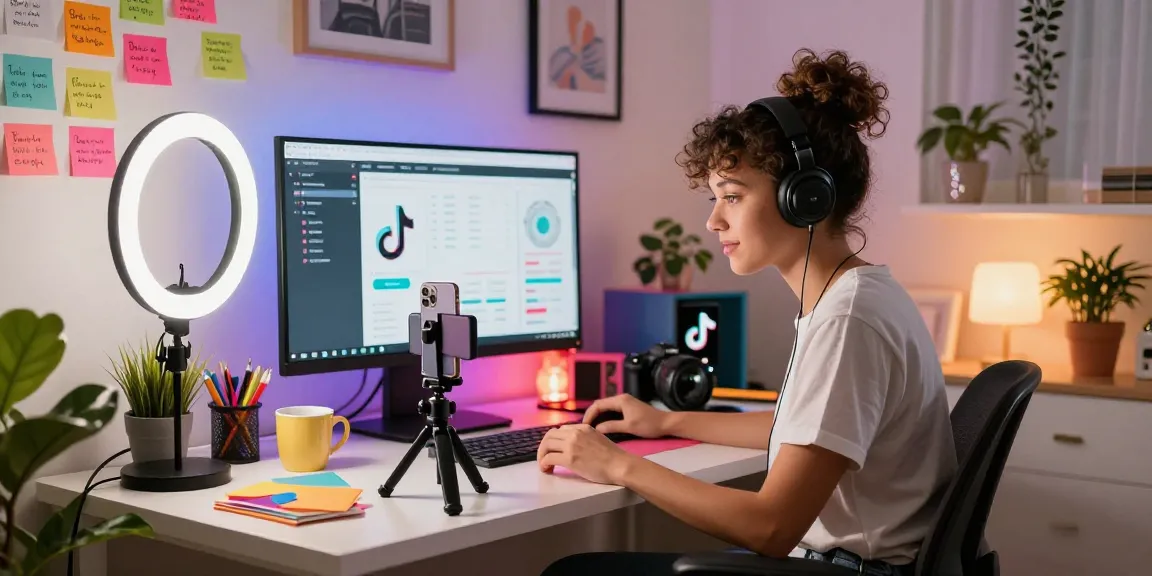 Buy TikTok followers real with vibrant content creation scene showcasing influencer and tools.