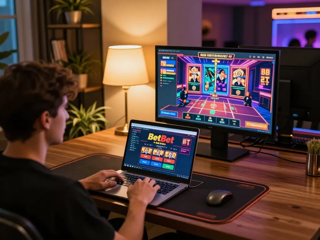 Engage in thrilling online gameplay with BetBet on a cozy laptop setup, highlighting the excitement of casino gaming.