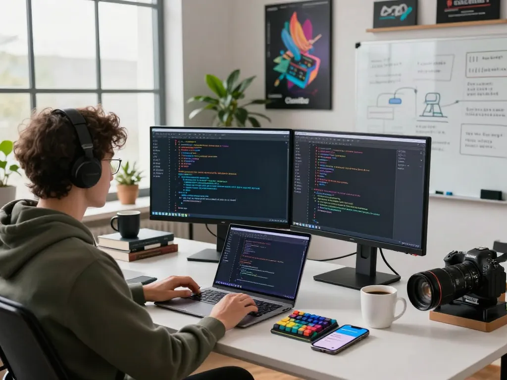 Developer using ClawdBot on dual monitors in a modern workspace, showcasing tech innovation and productivity.