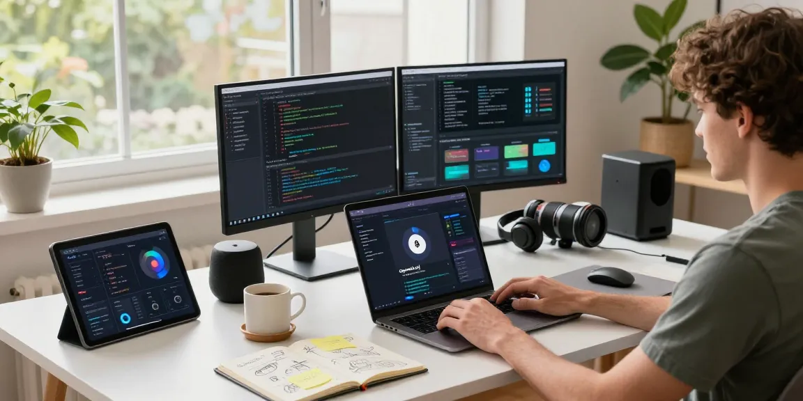 Developer utilizing openclawd in a modern home office setting with dual monitors and vibrant gadgets.