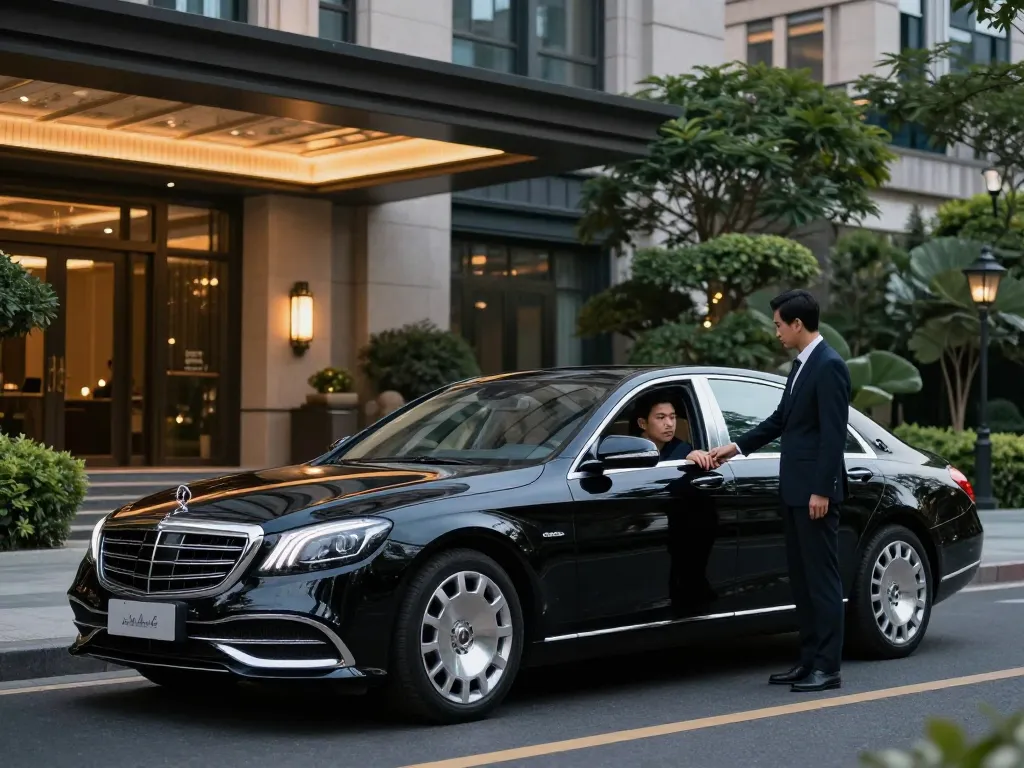 Cho thuê xe ô tô hạng sang với chiếc Mercedes-Benz S-Class sang trọng tại một khách sạn cao cấp, thể hiện dịch vụ cho thuê xe thanh lịch.