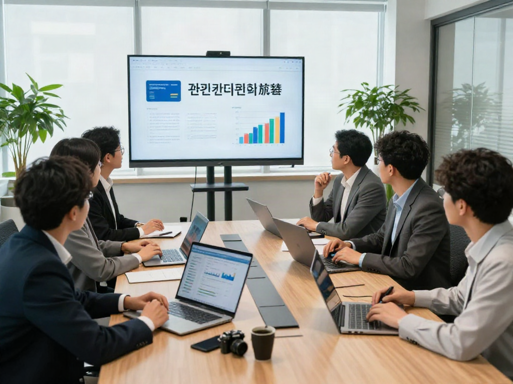 법인카드현금화에 대한 전략을 논의하는 전문가들이 있는 현대 사무실 회의 장면