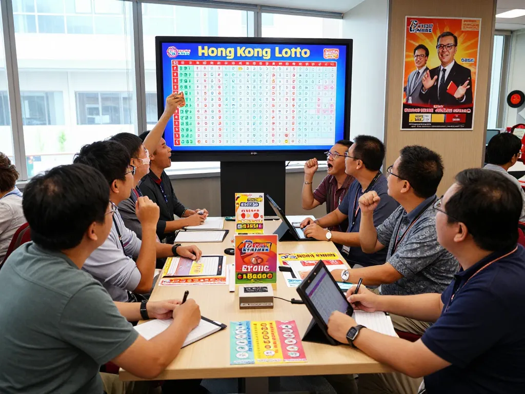 Group of excited lottery players celebrating Hongkong Lotto results in a lively lounge.