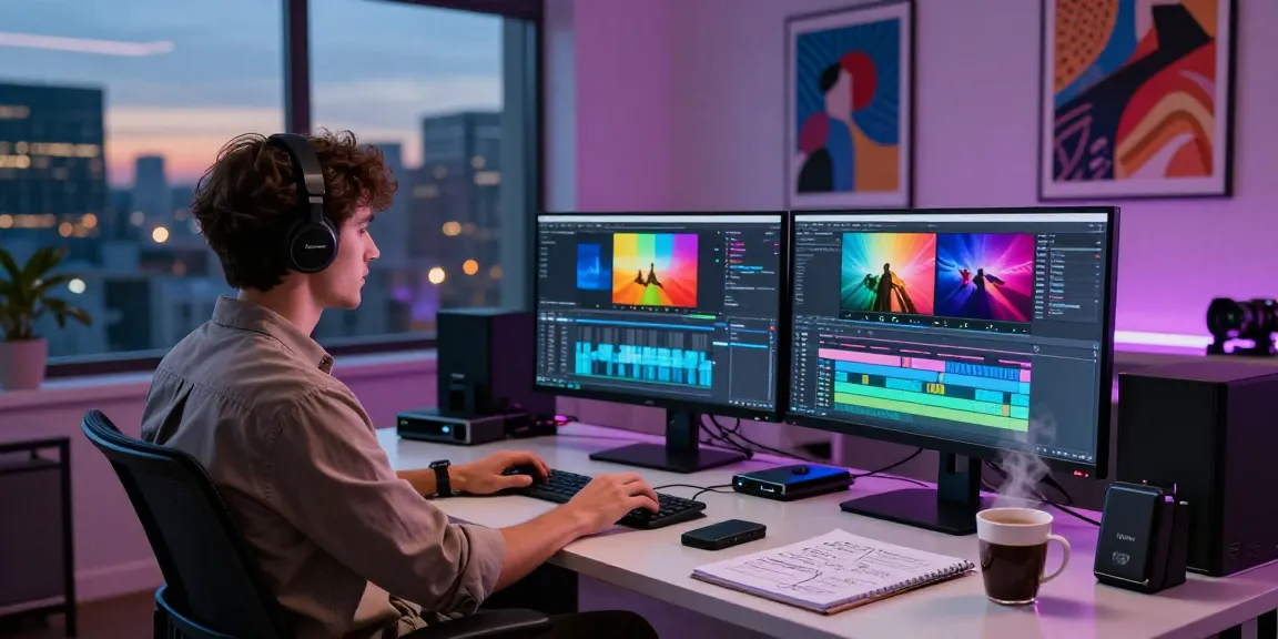 Video editing studio showcasing AI video prompt generation with editor at work