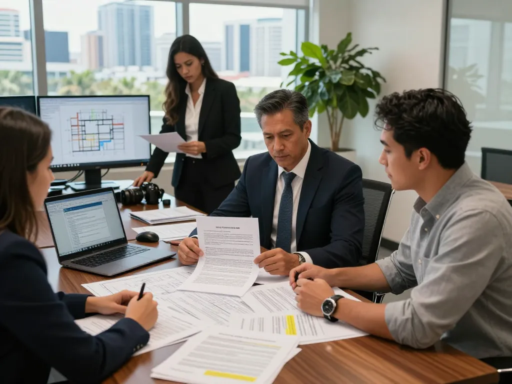 Boca Raton Construction Litigation Lawyer consulting with a client on a contract in a professional law office.