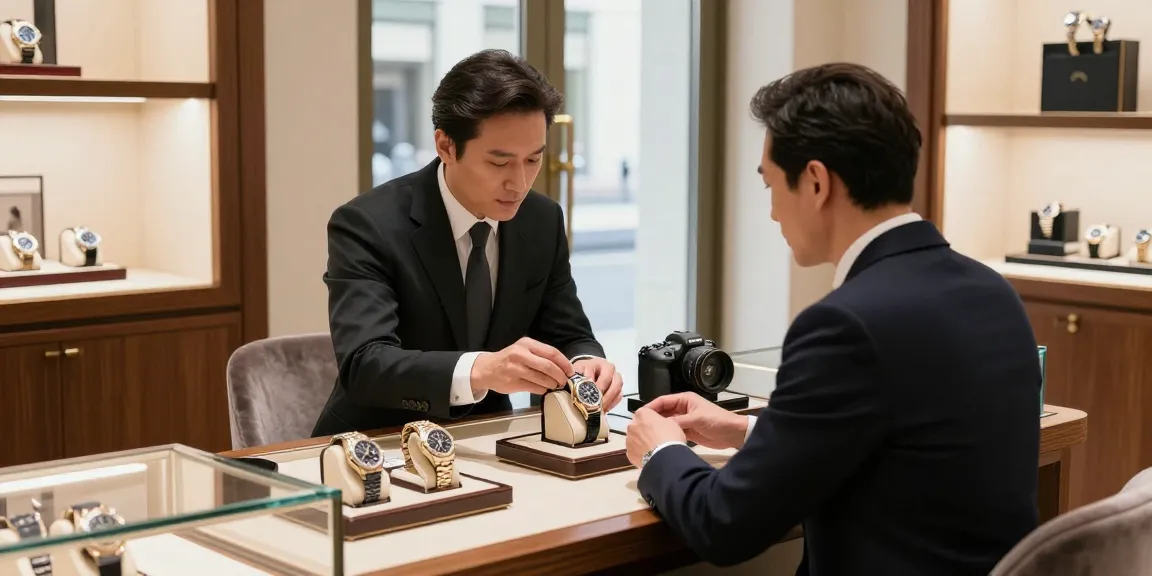 A customer examines a premium quality replica watch in a luxury watch boutique.