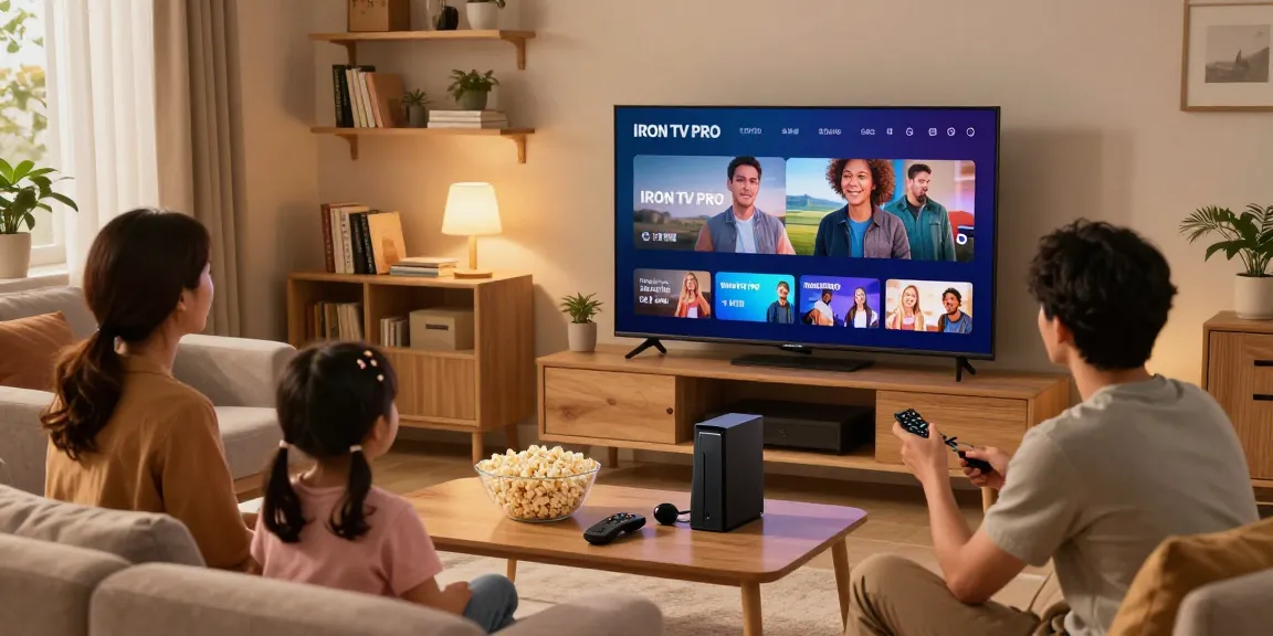 Family enjoying IRON TV PRO streaming in a cozy living room setting, highlighting IPTV entertainment.