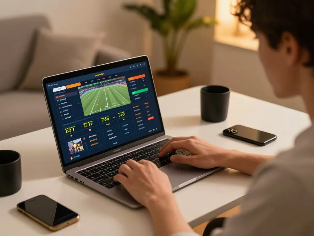 Bong88 player engaging in strategic sports betting on laptop with real-time odds displayed.