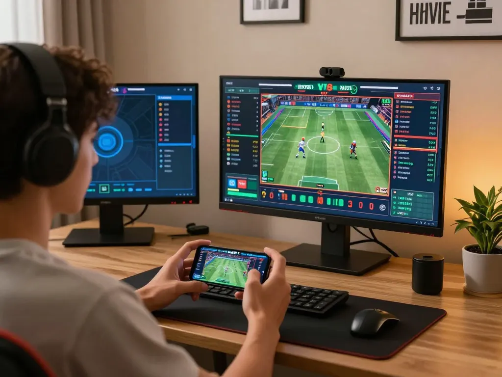 vin88 player using smartphone for live sports betting in stylish home office