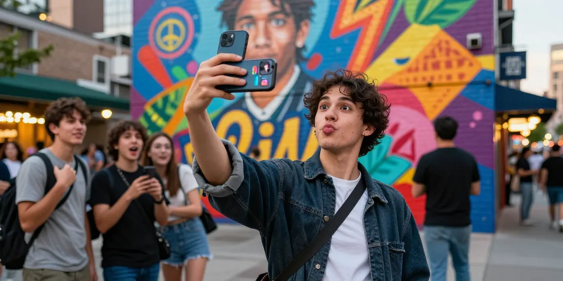 Person excitedly discovering their celebrity look alike in urban setting with vibrant mural.