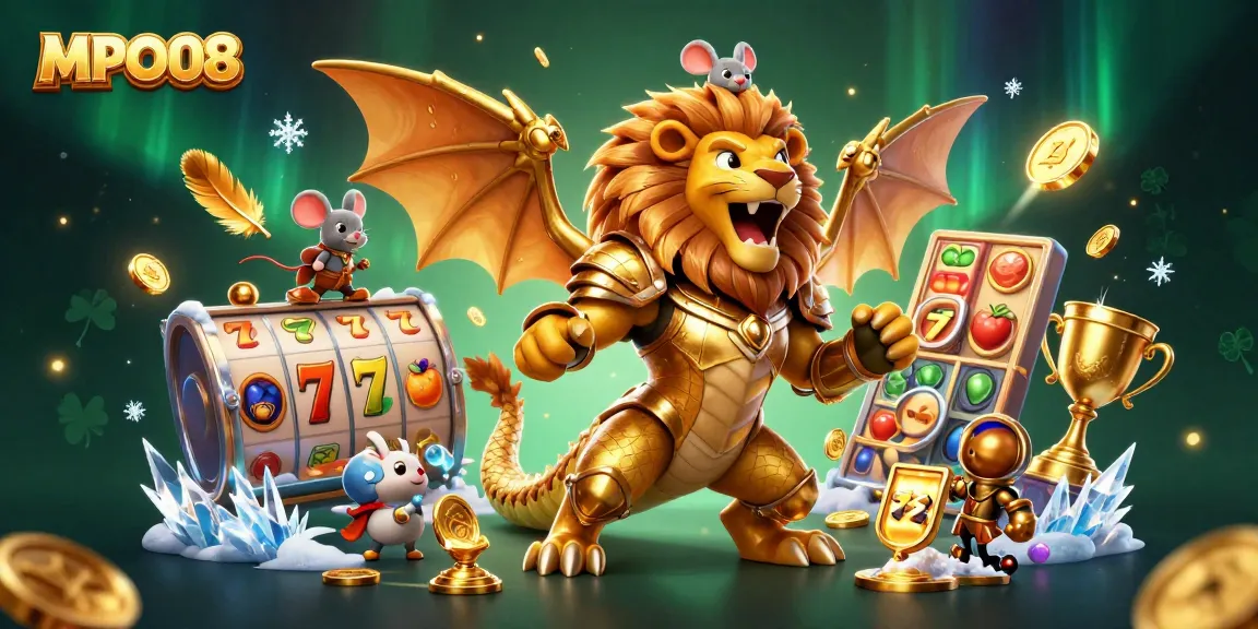 MPO08 showcases thrilling game elements with a triumphant chimera and interactive casino visuals.