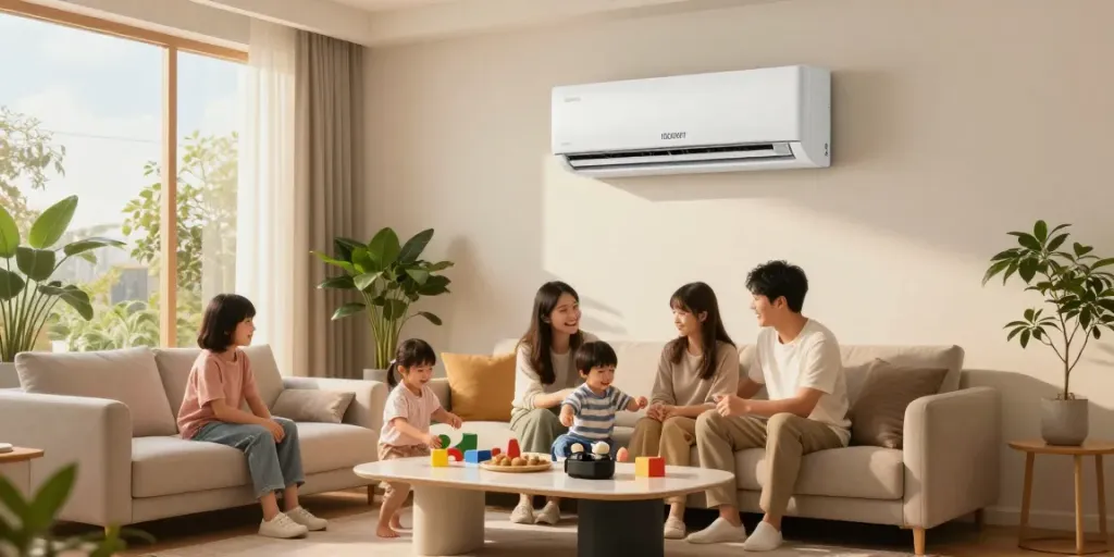Family enjoying comfort from a mini split 18000 BTU air conditioner in a cozy living room.
