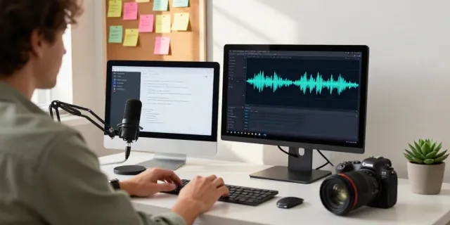 AI podcast transcription for content creators in a modern home office.
