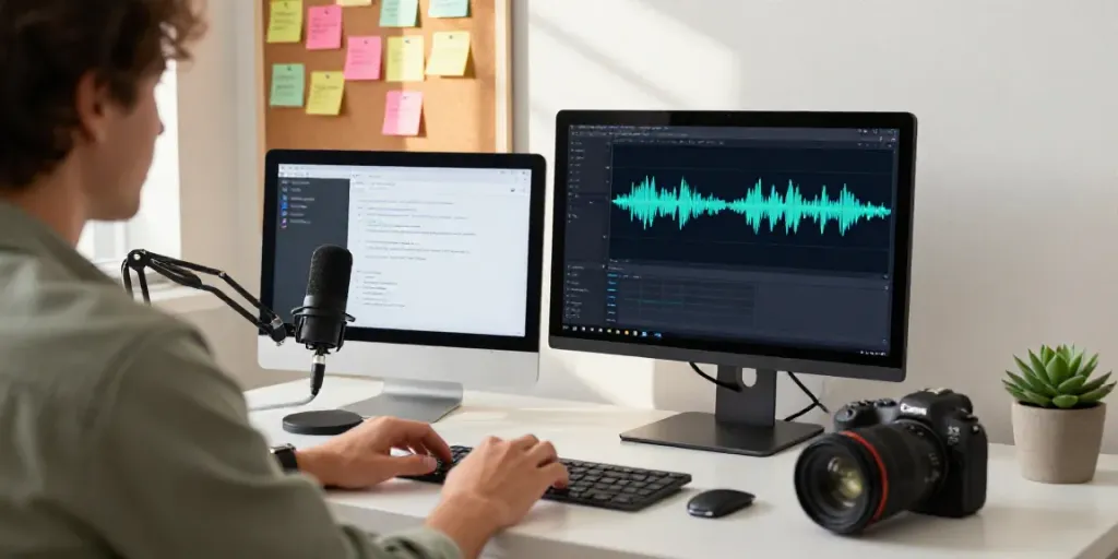 AI podcast transcription for content creators in a modern home office.