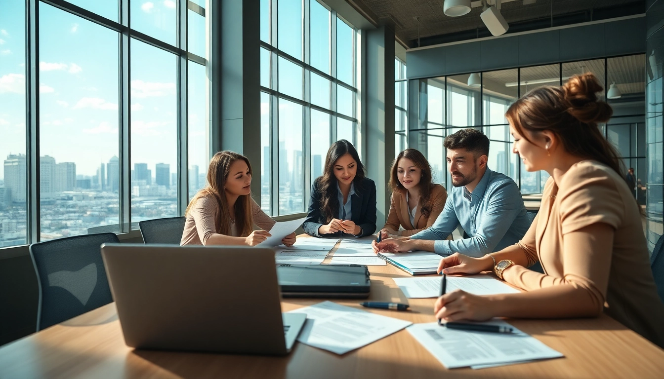 Team discussing contracts and grants in a modern office environment.