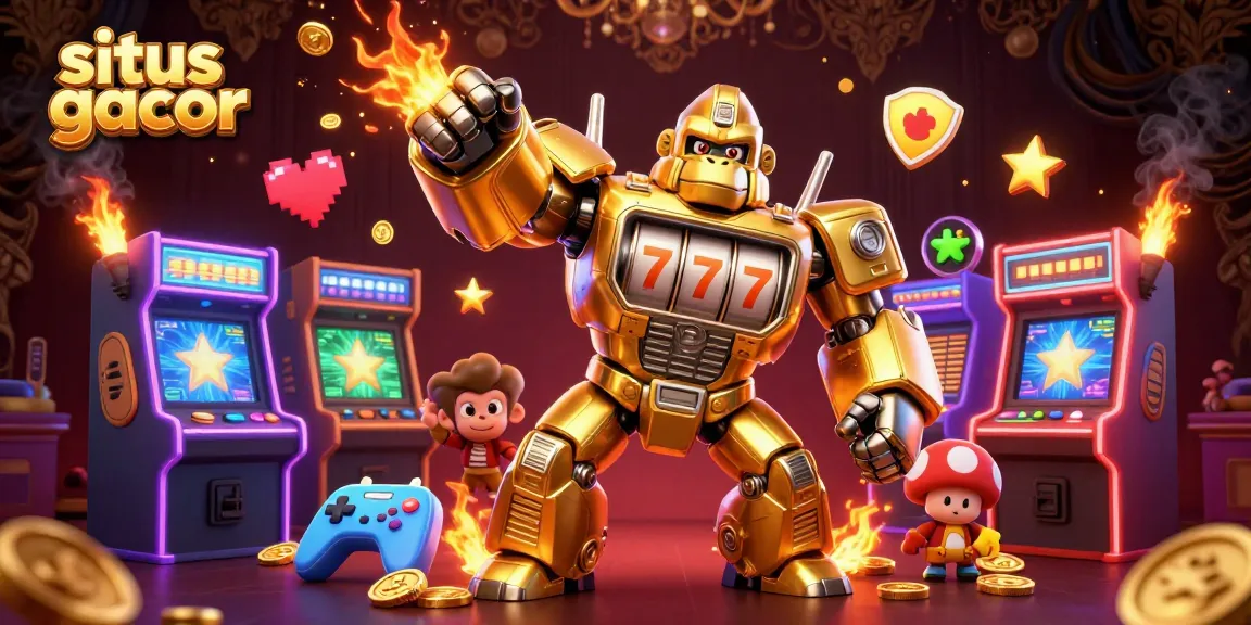 Join the thrilling action on situs gacor with this vibrant 3D illustration of a golden gorilla mech and arcade-style gaming elements.