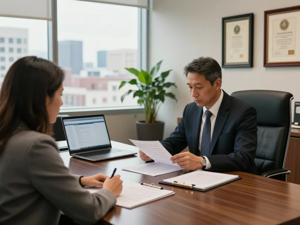 Alexandria Personal Injury Lawyer discussing case details in a modern office setting with a client.
