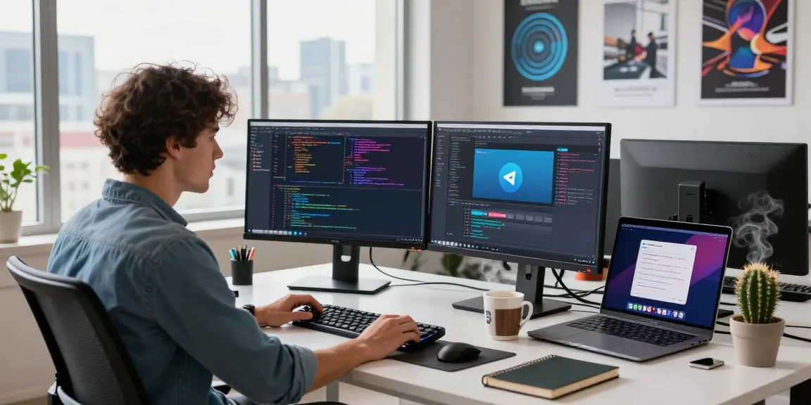Dynamic workspace featuring the 纸飞机中文版 app on dual monitors with a coder in a tech environment.