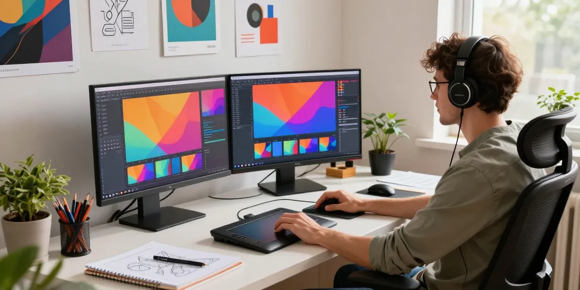 Vibrant digital workspace depicting a designer at dianneprice.com creating colorful graphics in a modern setting.
