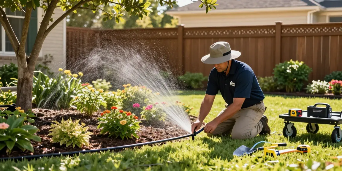 Professional Irrigation Services in Arlington, TX technician installing drip irrigation system in vibrant residential landscape.