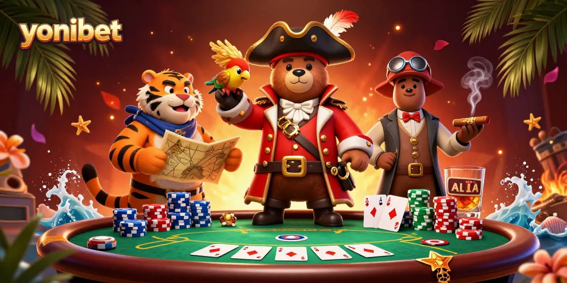 Experience thrilling gaming at yonibet with a vivid 3D pirate scene surrounded by poker excitement.