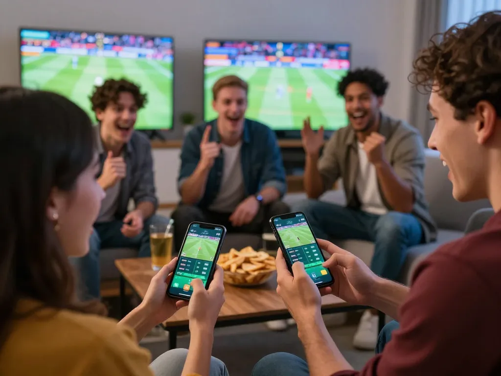 Friends using Bongdallu app for live sports betting while watching a game at home